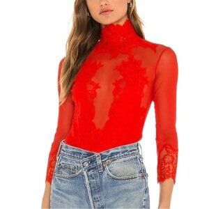 NWT$198 HAH Take A Bow Reversible Sheer Mesh Stretch Bodysuit Red Holiday XS